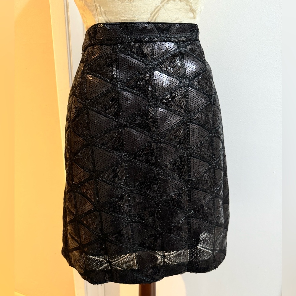 Sequin Black Triangular Geometric Lined Zip Up Mini Skirt L NWT